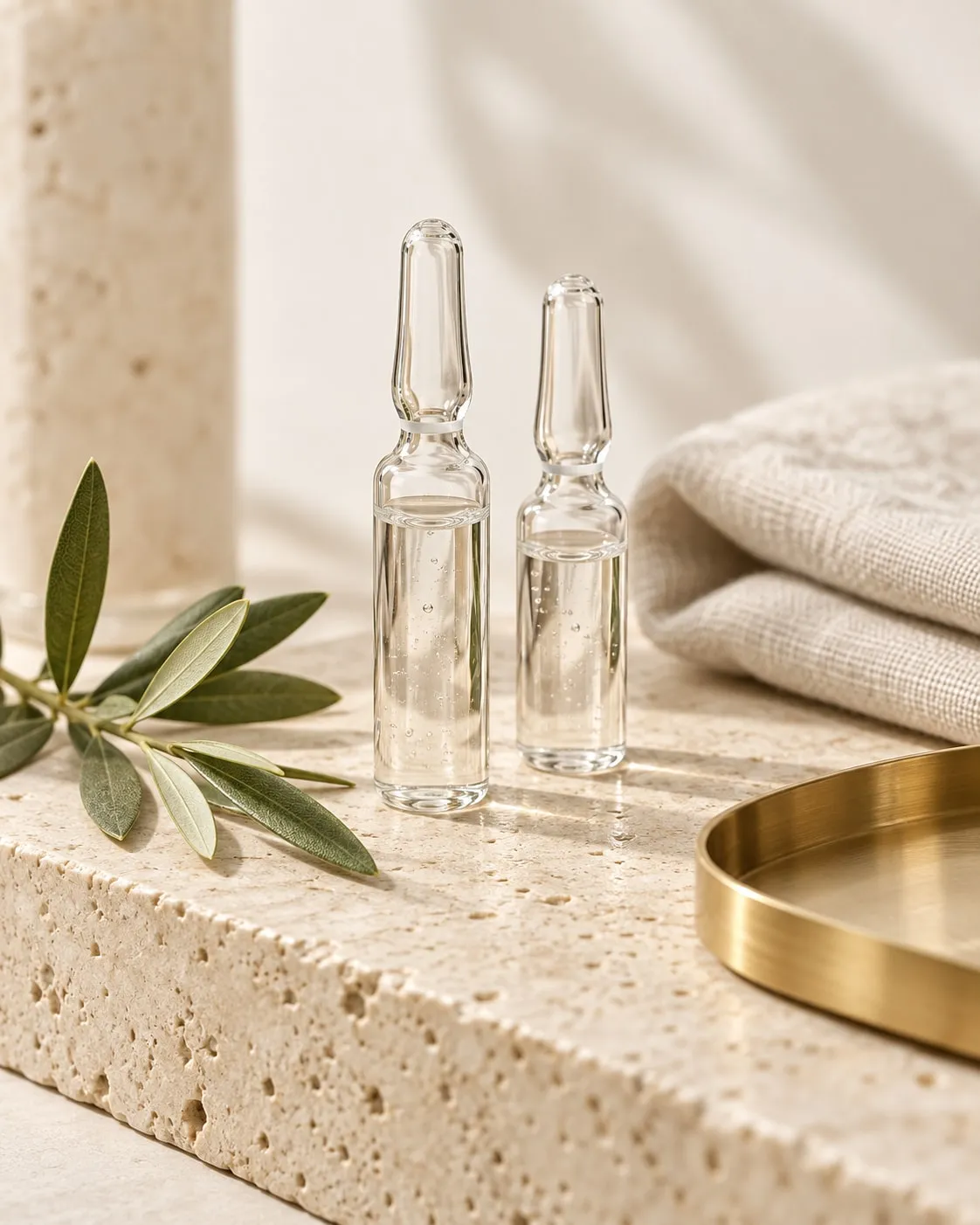 Ampolas de vidro com gel transparente sobre pedra travertino, ramo de oliveira e bandeja dourada